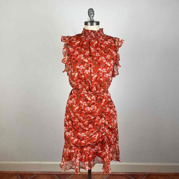 NWT Sam Edelman Orange Floral Ruffled Collar Sheer Midi Dress Size 4 - Picture 1 of 7